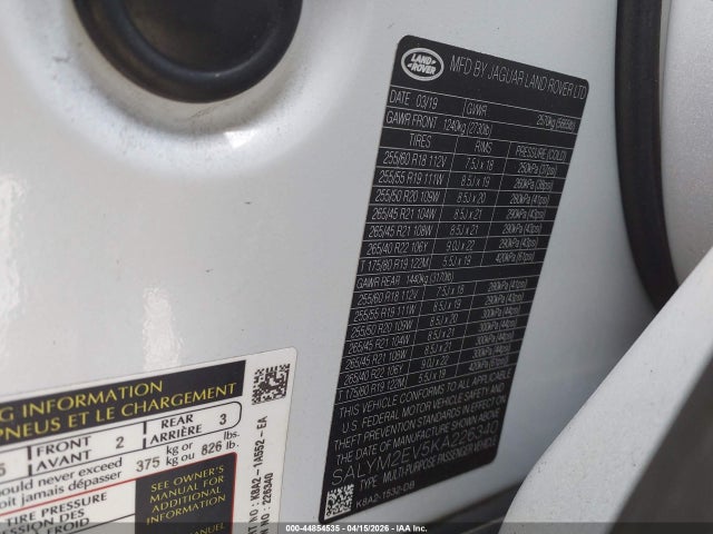 Продаж на аукціоні авто 2019 Land Rover Range Rover Velar P380 R-dynamic Hse, vin: SALYM2EV5KA226340, номер лоту: 44854535