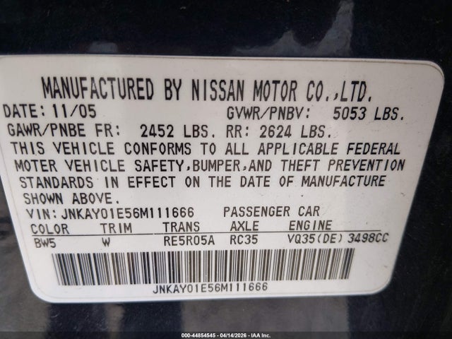 Aukcja sprzedaży 2006 Infiniti M35 Sport, vin: JNKAY01E56M111666, numer aukcji: 44854545