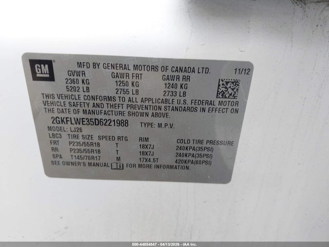 44854547 :رقم المزاد ، 2GKFLWE35D6221988 vin ، 2013 Gmc Terrain Slt-2 مزاد بيع