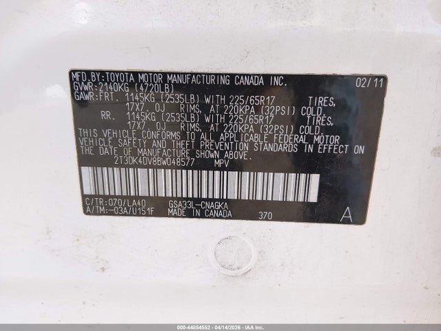 Aukcja sprzedaży 2011 Toyota Rav4 Limited V6, vin: 2T3DK4DV8BW048577, numer aukcji: 44854552