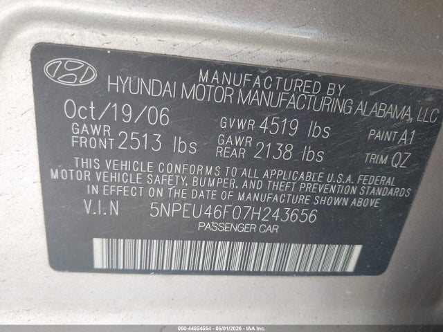 2007 Hyundai Sonata Limited/se V6 მანქანა იყიდება აუქციონზე, vin: 5NPEU46F07H243656, აუქციონის ნომერი: 44854554