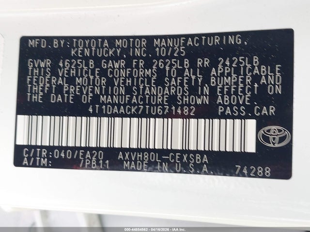 Auction sale of the 2026 Toyota Camry Nightshade, vin: 4T1DAACK7TU671482, lot number: 44854562