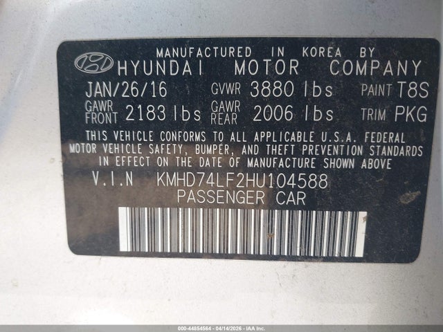 Продажа на аукционе авто 2017 Hyundai Elantra Se, vin: KMHD74LF2HU104588, номер лота: 44854564