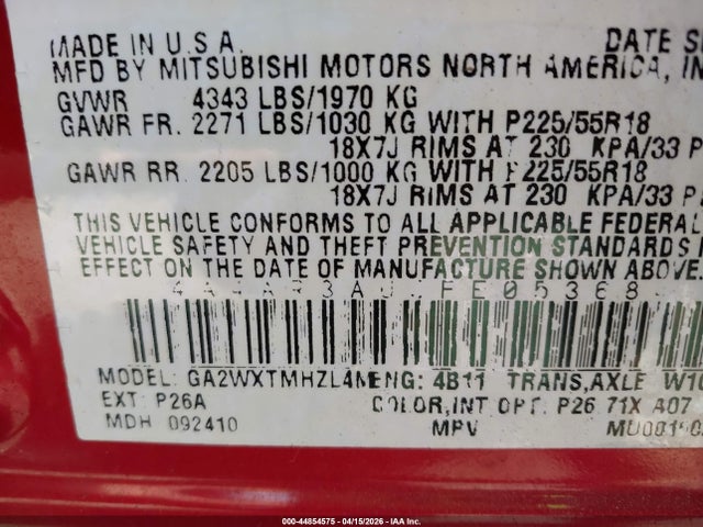 Aukcja sprzedaży 2015 Mitsubishi Outlander Sport Es, vin: 4A4AR3AU9FE053684, numer aukcji: 44854575