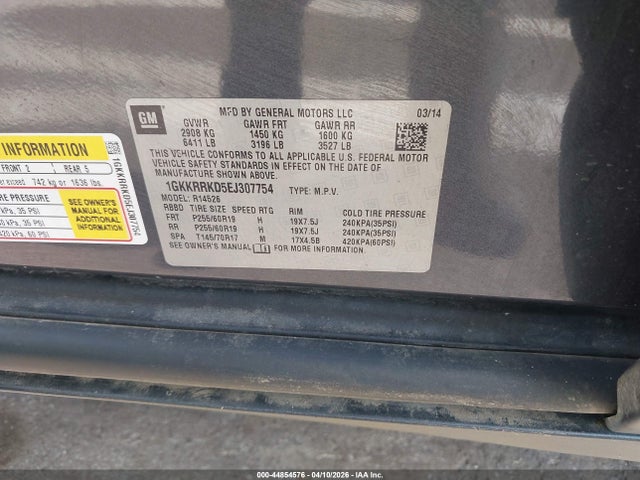 44854576 :رقم المزاد ، 1GKKRRKD5EJ307754 vin ، 2014 Gmc Acadia Slt-1 مزاد بيع