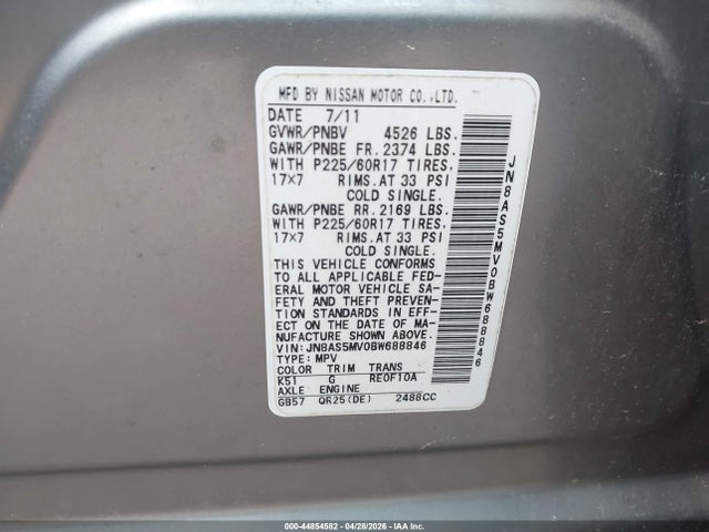 44854582 :رقم المزاد ، JN8AS5MV0BW688846 vin ، 2011 Nissan Rogue Sv مزاد بيع