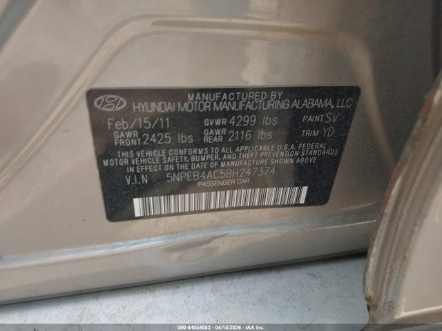 Aukcja sprzedaży 2011 Hyundai Sonata Gls, vin: 5NPEB4AC5BH247374, numer aukcji: 44854583
