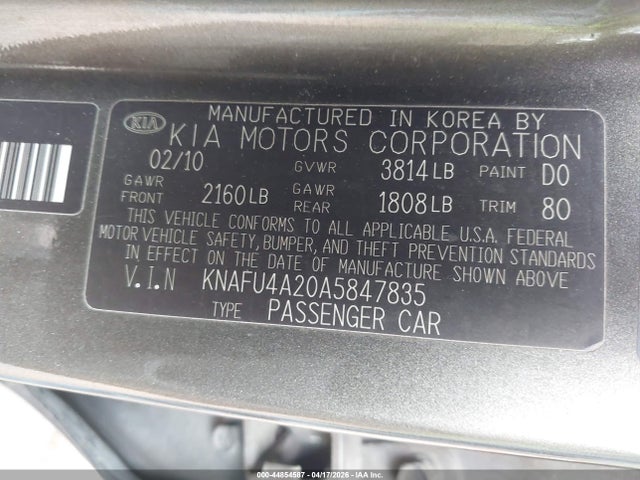 2010 Kia Forte Ex მანქანა იყიდება აუქციონზე, vin: KNAFU4A20A5847835, აუქციონის ნომერი: 44854587