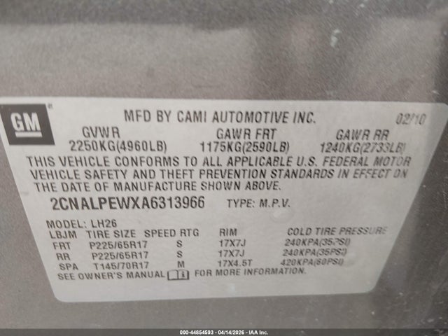 2010 Chevrolet Equinox Lt მანქანა იყიდება აუქციონზე, vin: 2CNALPEWXA6313966, აუქციონის ნომერი: 44854593
