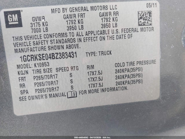Aukcja sprzedaży 2011 Chevrolet Silverado 1500 Lt, vin: 1GCRKSE04BZ383431, numer aukcji: 44854592