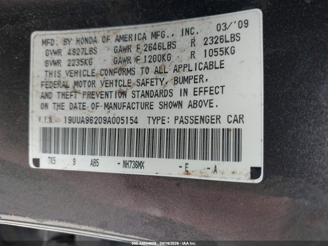 44854609 :رقم المزاد ، 19UUA96209A005154 vin ، 2009 Acura Tl 3.7 مزاد بيع