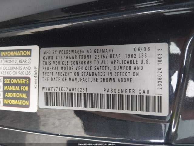 Продажа на аукционе авто 2007 Volkswagen Gti 2-door/fahrenheit, vin: WVWFV71K07W010281, номер лота: 44854610