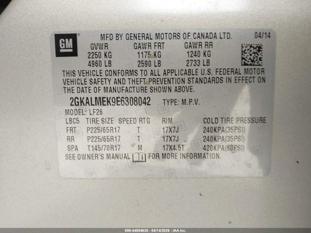 44854630 :رقم المزاد ، 2GKALMEK9E6308042 vin ، 2014 Gmc Terrain Sle-1 مزاد بيع