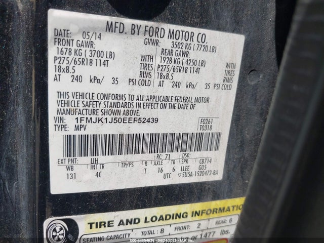 44854636 :رقم المزاد ، 1FMJK1J50EEF52439 vin ، 2014 Ford Expedition El Xlt مزاد بيع