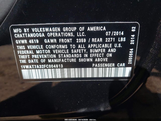 1VWAT7A32FC004813 Volkswagen Passat 1.8t Wolfsburg Edition
