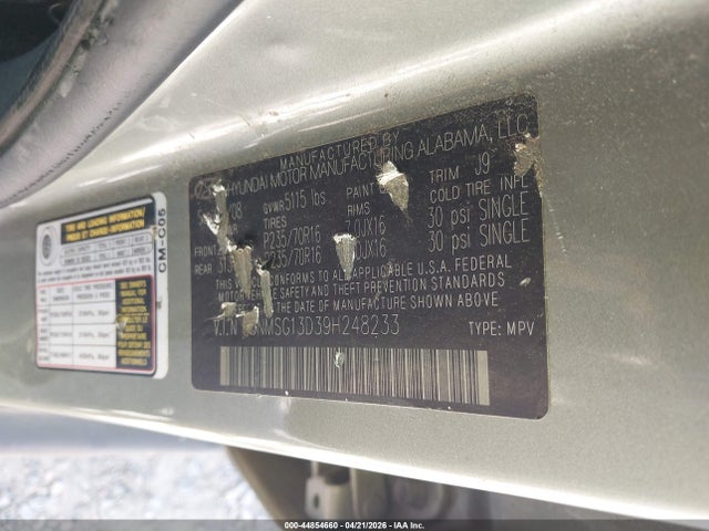 2009 Hyundai Santa Fe Gls მანქანა იყიდება აუქციონზე, vin: 5NMSG13D39H248233, აუქციონის ნომერი: 44854660