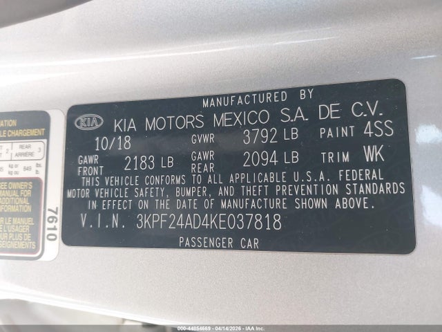 Продаж на аукціоні авто 2019 Kia Forte Lxs, vin: 3KPF24AD4KE037818, номер лоту: 44854669