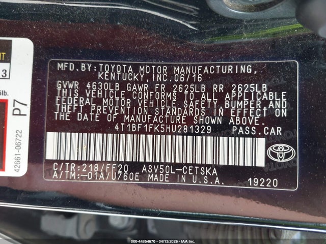 Toyota CAMRY SE 2017 4T1BF1FK5HU281329 Image 9