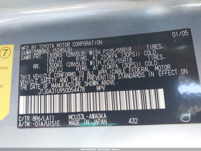 Продажа на аукционе авто 2005 Lexus Rx 330, vin: JTJGA31U950054478, номер лота: 44854678
