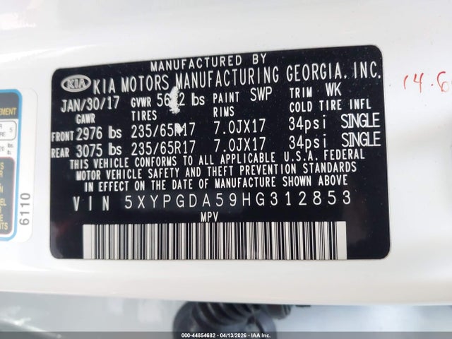 5XYPGDA59HG312853 KIA Sorento 3.3l Lx