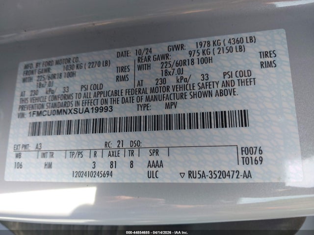 Продаж на аукціоні авто 2025 Ford Escape St-line, vin: 1FMCU0MNXSUA19993, номер лоту: 44854685