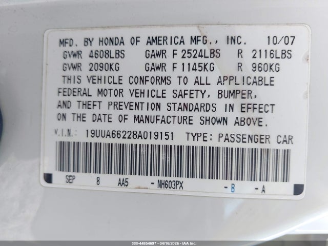 Aukcja sprzedaży 2008 Acura Tl 3.2, vin: 19UUA66228A019151, numer aukcji: 44854697