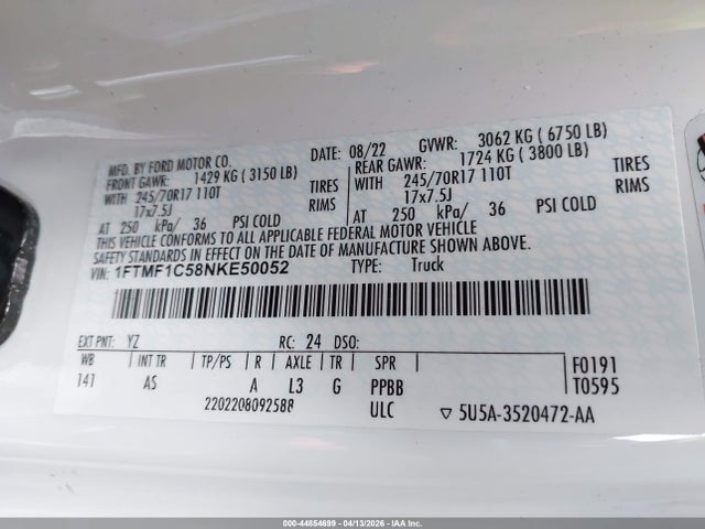 Продаж на аукціоні авто 2022 Ford F-150 Xl, vin: 1FTMF1C58NKE50052, номер лоту: 44854699