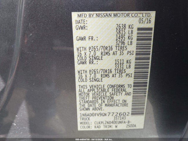 1N6AD0FV9GN772602 Nissan Frontier Sv