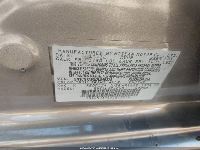 Aukcja sprzedaży 2013 Nissan Versa 1.6 Sl, vin: 3N1CN7AP5DL849278, numer aukcji: 44854713