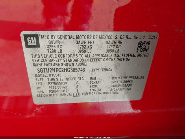 Продаж на аукціоні авто 2017 Gmc Sierra 1500 Slt, vin: 3GTU2NEC2HG385743, номер лоту: 44854715