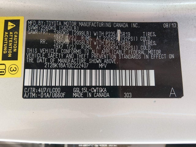 44854717 :رقم المزاد ، 2T2BK1BA1DC222407 vin ، 2013 Lexus Rx 350 مزاد بيع