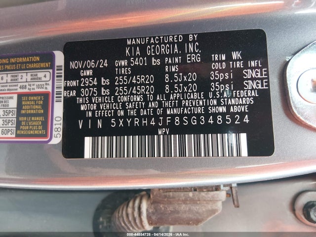 44854728 :رقم المزاد ، 5XYRH4JF8SG348524 vin ، 2025 Kia Sorento Ex مزاد بيع