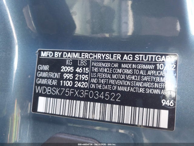 2003 MERCEDES-BENZ SL 500 WDBSK75FX3F034522 Photo 8