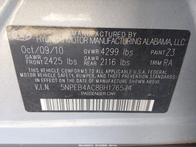 Aukcja sprzedaży 2011 Hyundai Sonata Gls, vin: 5NPEB4AC8BH176574, numer aukcji: 44854741