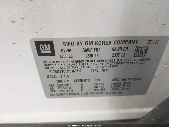 44854751 :رقم المزاد ، KL79MTSL1MB168712 vin ، 2021 Chevrolet Trailblazer Fwd Rs مزاد بيع