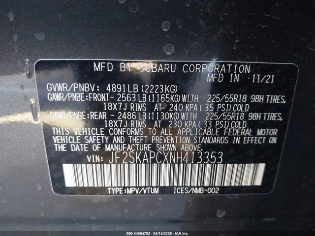 2022 Subaru Forester Limited მანქანა იყიდება აუქციონზე, vin: JF2SKAPCXNH413353, აუქციონის ნომერი: 44854752