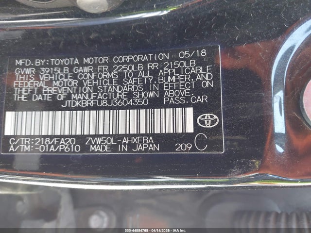 Aukcja sprzedaży 2018 Toyota Prius Two, vin: JTDKBRFU8J3604350, numer aukcji: 44854769