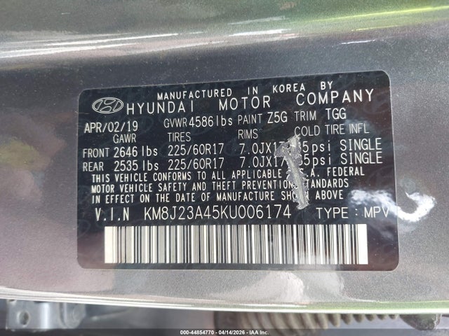 44854770 :رقم المزاد ، KM8J23A45KU006174 vin ، 2019 Hyundai Tucson Se مزاد بيع