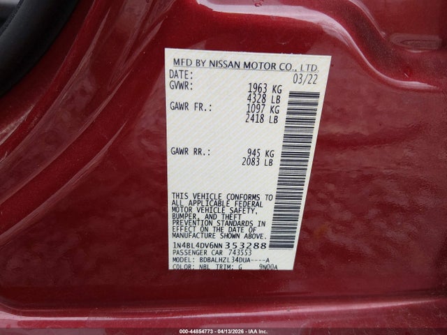 44854773 :رقم المزاد ، 1N4BL4DV6NN353288 vin ، 2022 Nissan Altima Sv Fwd مزاد بيع