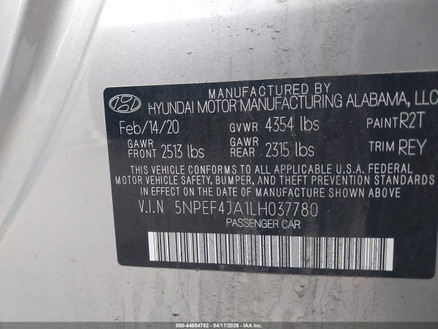 2020 Hyundai Sonata Sel მანქანა იყიდება აუქციონზე, vin: 5NPEF4JA1LH037780, აუქციონის ნომერი: 44854782