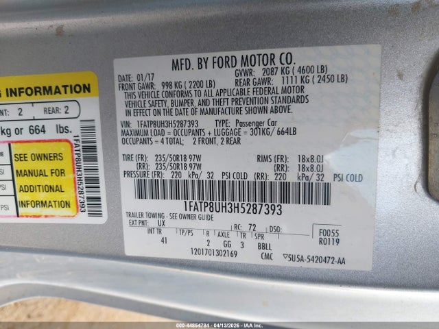 Aukcja sprzedaży 2017 Ford Mustang Ecoboost Premium, vin: 1FATP8UH3H5287393, numer aukcji: 44854784
