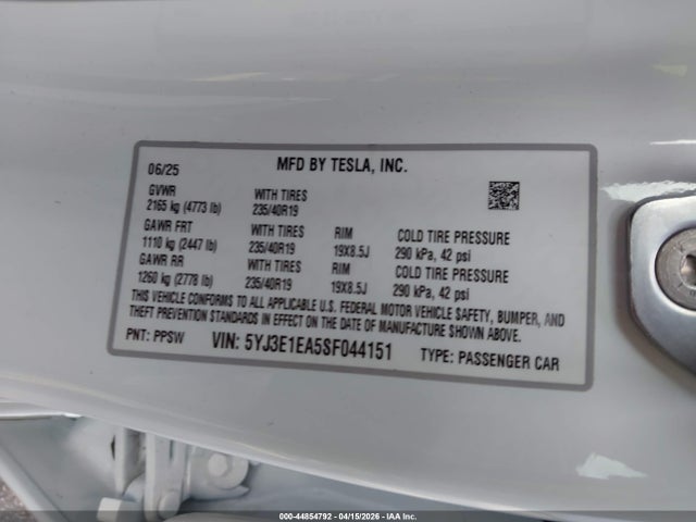 Aukcja sprzedaży 2025 Tesla Model 3 Long Range Rear-wheel Drive/standard Rear-wheel Drive, vin: 5YJ3E1EA5SF044151, numer aukcji: 44854792