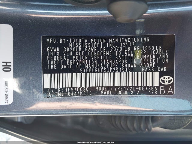 2018 Toyota Corolla Se მანქანა იყიდება აუქციონზე, vin: 5YFBURHE5JP791943, აუქციონის ნომერი: 44854800