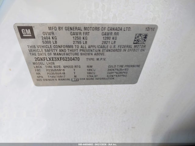44854802 :رقم المزاد ، 2GKFLXE3XF6230470 vin ، 2015 Gmc Terrain Slt-1 مزاد بيع