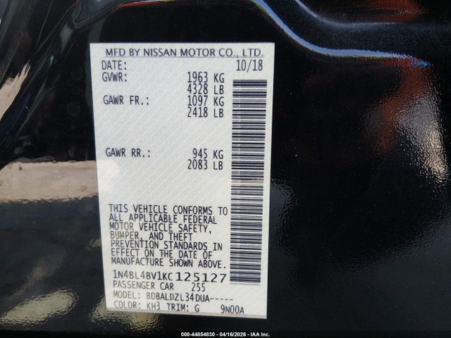 44854830 :رقم المزاد ، 1N4BL4BV1KC125127 vin ، 2019 Nissan Altima 2.5 S مزاد بيع
