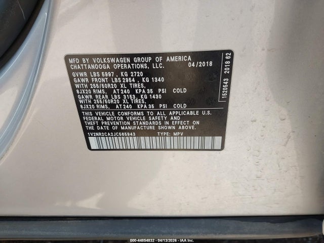 Продаж на аукціоні авто 2018 Volkswagen Atlas 3.6l V6 Sel Premium, vin: 1V2NR2CA2JC565943, номер лоту: 44854832