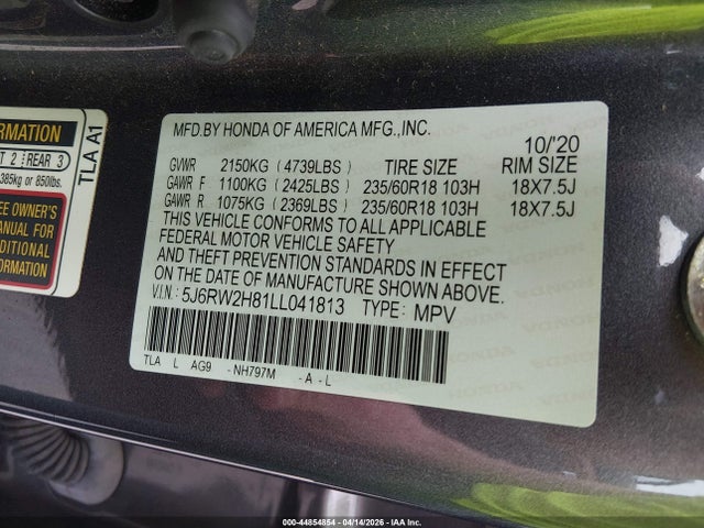 Продаж на аукціоні авто 2020 Honda Cr-v Awd Ex-l, vin: 5J6RW2H81LL041813, номер лоту: 44854854