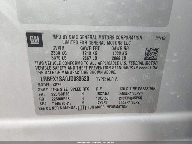 44854861 :رقم المزاد ، LRBFX1SA0JD083620 vin ، 2018 Buick Envision Essence مزاد بيع
