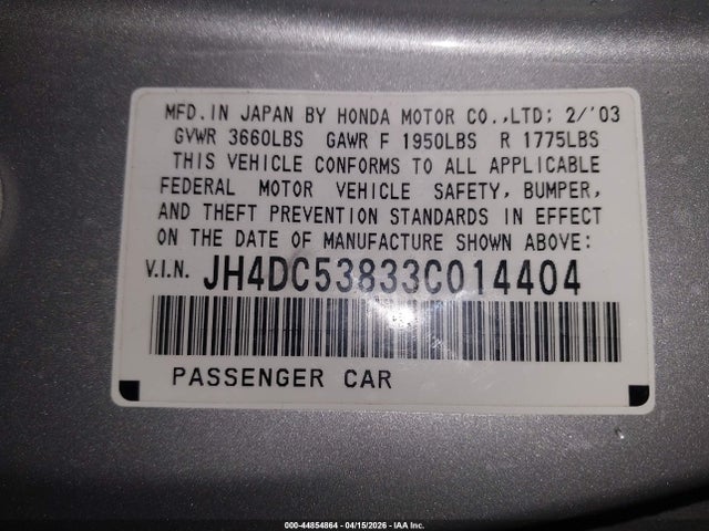 44854864 :رقم المزاد ، JH4DC53833C014404 vin ، 2003 Acura Rsx مزاد بيع