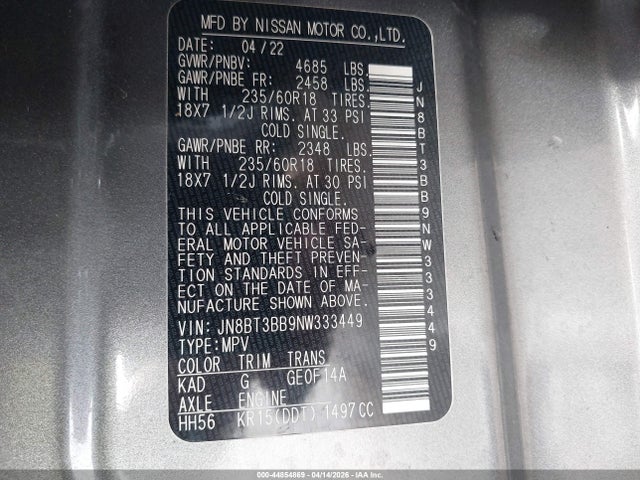 44854869 :رقم المزاد ، JN8BT3BB9NW333449 vin ، 2022 Nissan Rogue Sv Intelligent Awd مزاد بيع